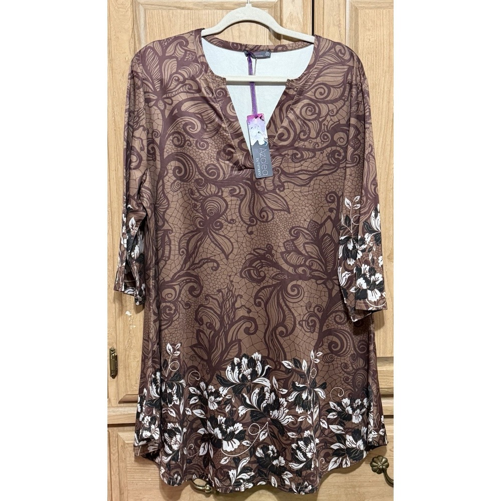 Azalea by Firmiana Tunic Top 3XL Brown Floral Print 3/4 Sleeve V Neckline NWT